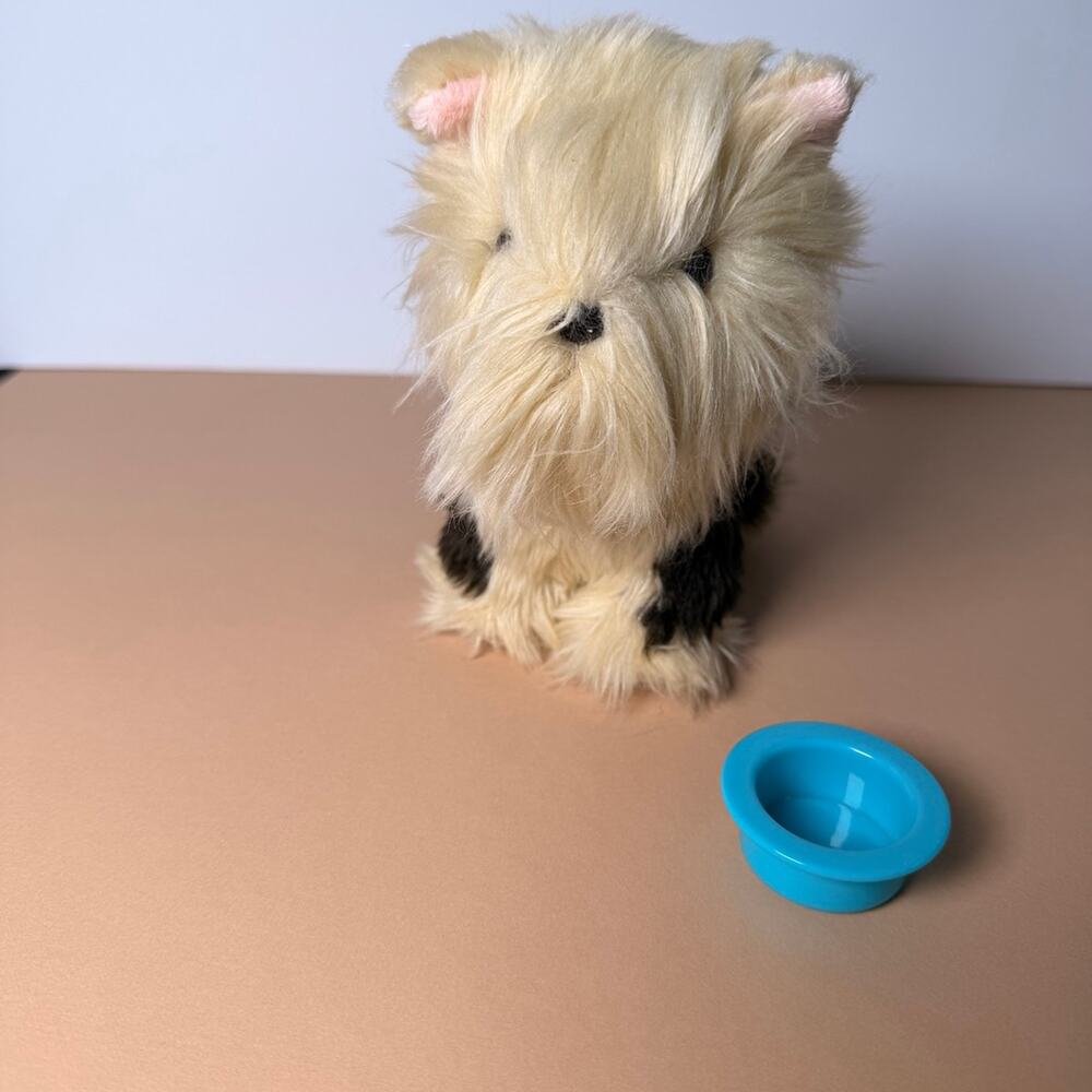 American Girl Terrier Puppy plush pet with blue bowl.